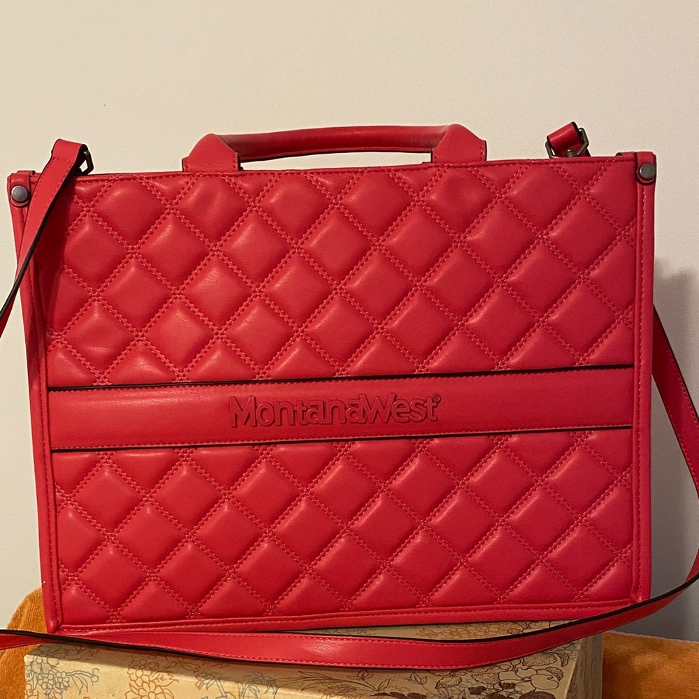 Montana West Dark Pink Quilted Laptop Tote with Crossbody Strap, minimal wear
